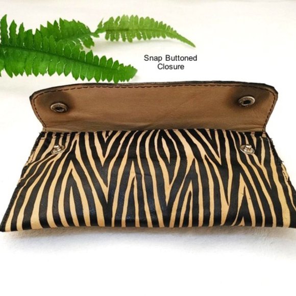 HAND PAINTED Zebra Animal Print Wallet Genuine Leather Tan Brown Black Bills Zip - Picture 7 of 11